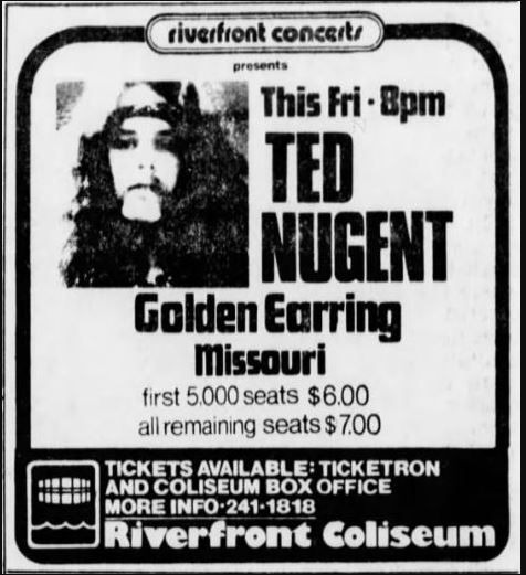 Ted Nugent with Golden Earring show ad December 30, 1977 Cincinnati - Riverfront Coliseum
